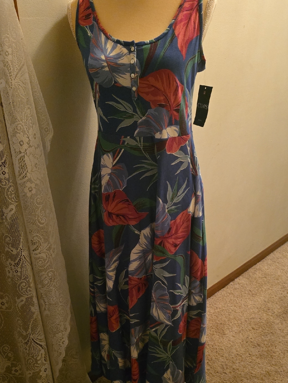 New Chaps Women's Size‎ M Blue Pink White Tropical Floral Maxi Pull On Dress